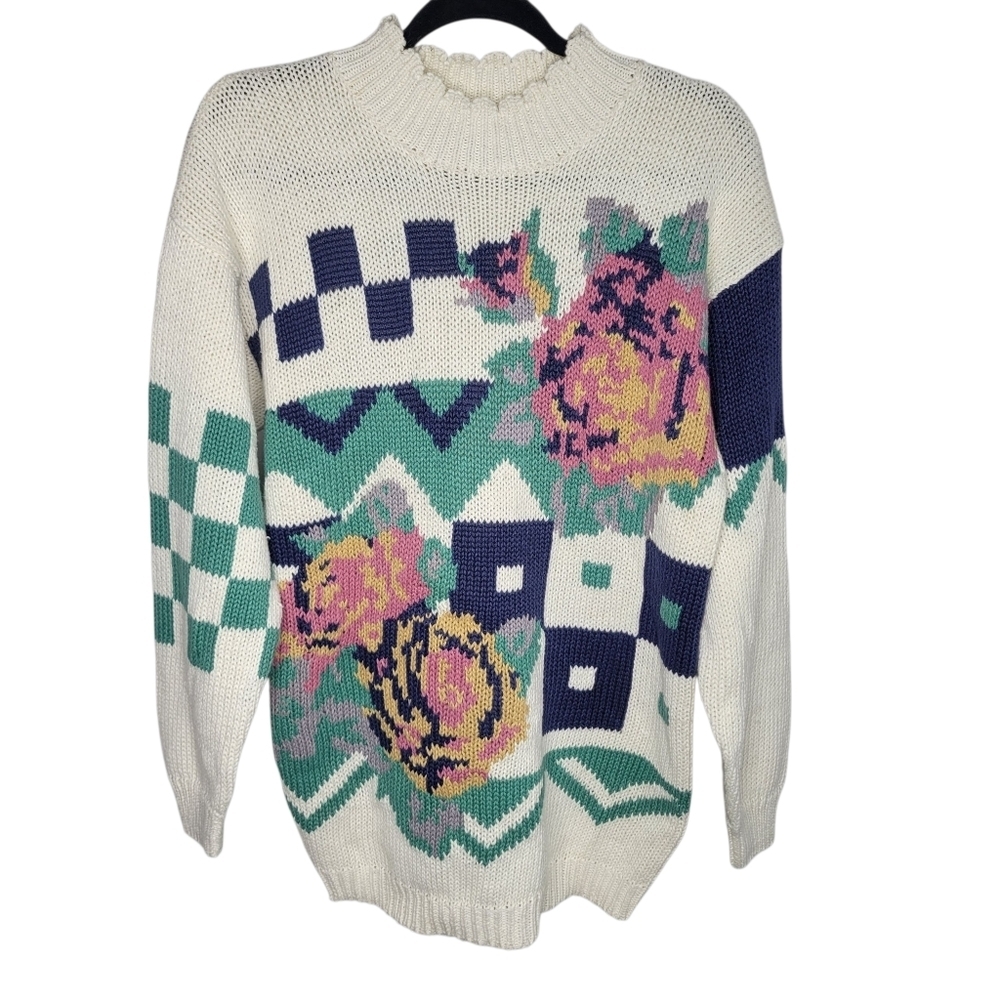 Vintage 80s 62 East Chunk Cowlneck Rose Sweater Size Medium in Cream Pink